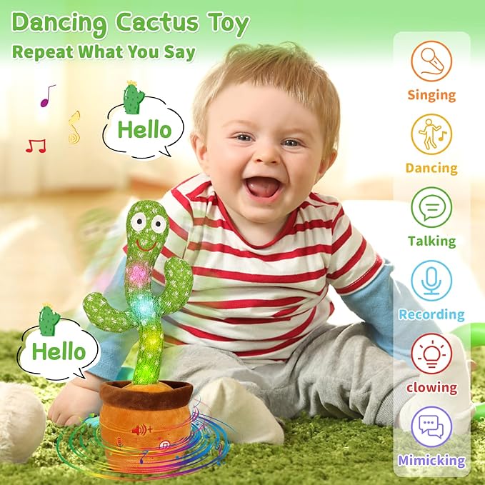 Emoin Christmas Dancing Cactus Toy, Talking Cactus Baby Toys for Baby Christmas Toy Gift Singing Repeats What You Say Baby Interactive Plush