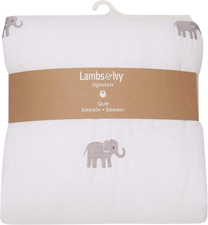 Lambs & Ivy Signature Elephant Creamy White Linen Embroidered Baby Crib Quilt