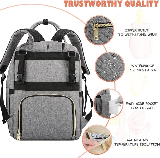 AngLink Baby Diaper Bag Backpack - Newborn Diapers Bags with Changing Pad & Pacifier Case for Boy Girl, Large Capacity Travel Essentials Bebes Backpack Baby Registry Search Gift for Mom Dad丨Gray