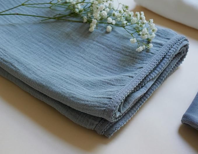 Ely's & Co. Cotton Muslin Swaddle Blanket with Scallop Trim, 1-Pack for Baby Boy - 100% Cotton Muslin Extra-Large Swaddle Blankets (47??x 47?? Blue with Scallop