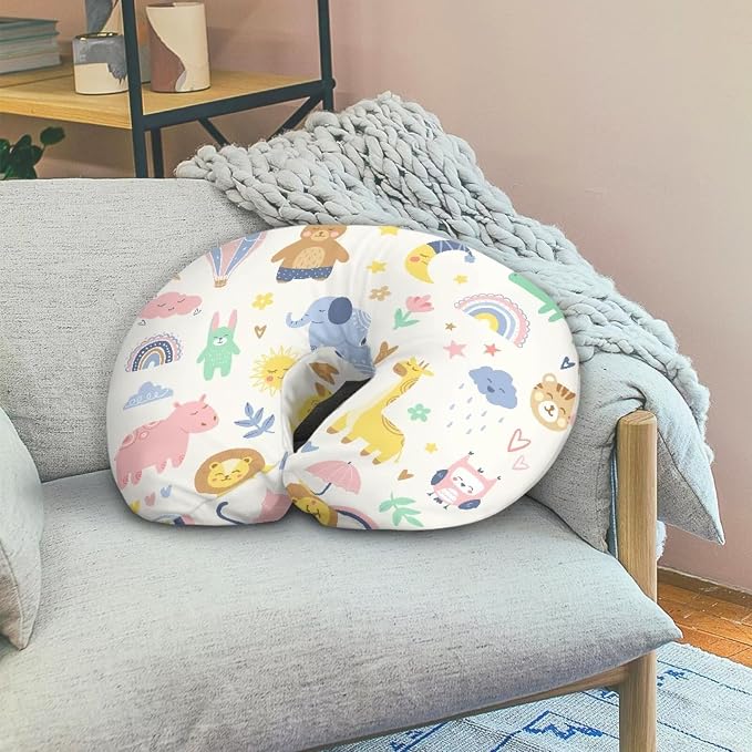 Cute Nursing Pillow Cover Stretchy and Soft Nursing Cover for Breastfeeding Pillows,Cartoon Animals Printed Pillow Slipcover for Baby Girls Boys Newborn White (Cover Only)