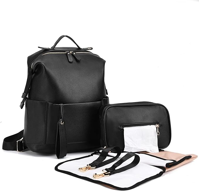 Diaper Bag Backpack Leather Backpack for Women Travel Baby Bag Mother Outdoor Backpack with Changing Pad Stroller Straps(2 pieces) Black