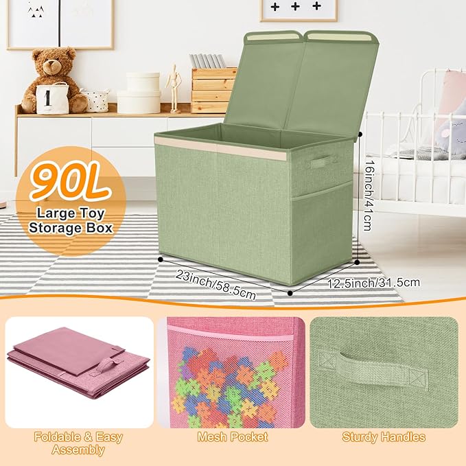 3 Pack Large Storage Bins Set 23" Toy Chest Storage with Lids and 11" Cubes Organizer Bins for Kids Bedroom Closet Shelf Organizer for Clothes Blankets Nursery Playroom(Green)