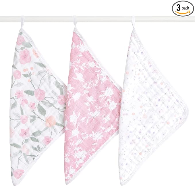 aden + anais Boutique Oversized Washcloth 3-Pack, Super Soft 100% Cotton Muslin, Gentle on Skin, 3 Absorbent 12x12 Layers, Softer with Every Use, Perfect for Babies, Infants, Toddlers, Ma Fleur