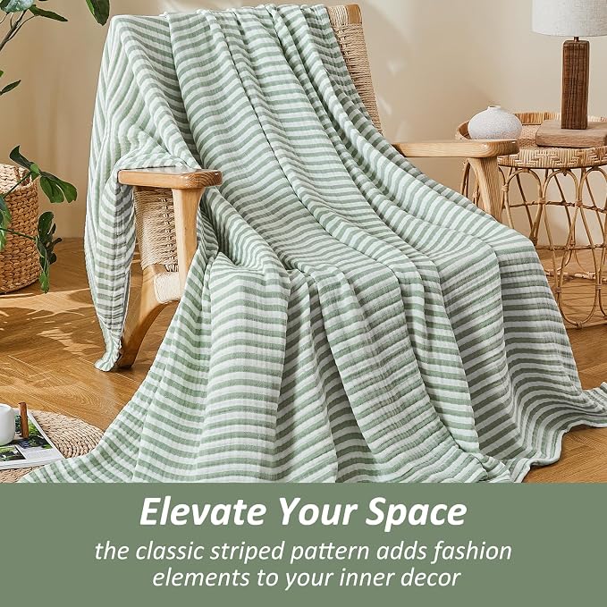 EMME Cotton Muslin Large Throw Blanket Couch 4-Layer Breathable Gauze Soft Lightweight Bed Blankets Adults (Striped Sage Green, 50"x71")