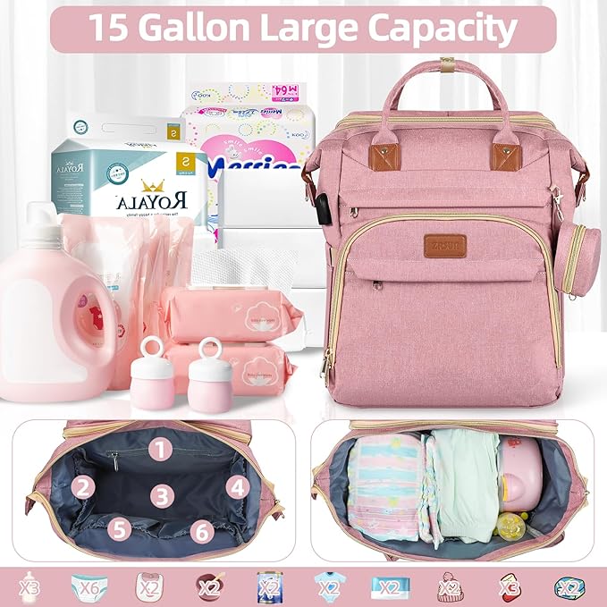 ZRSUN Diaper Bag Backpack with Portable Station & USB Port, Large Capacity Travel Baby Bag with Changing Pad, Waterproof Multi-Function Maternity Backpack for Mom & Dad (Pink)