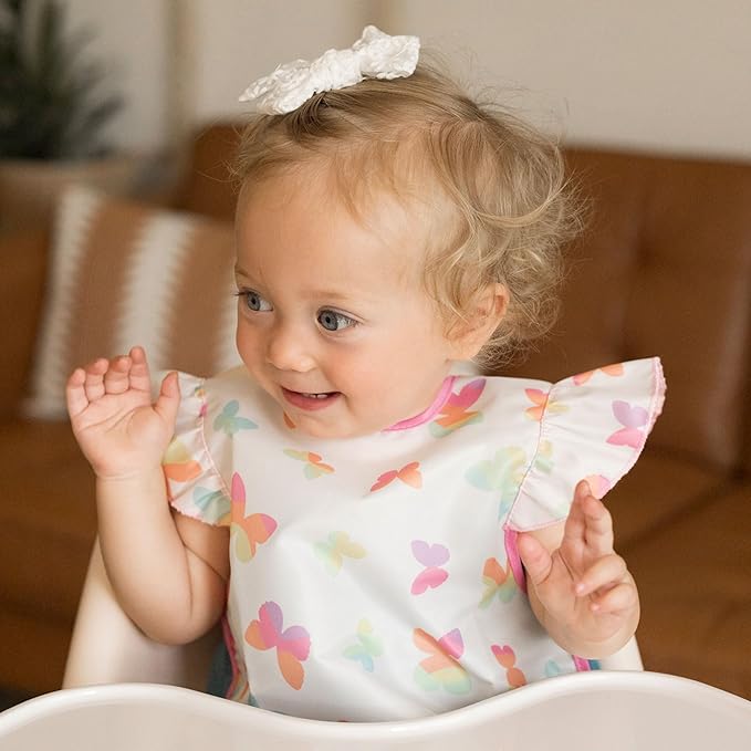 Tiny Twinkle Mess Proof Baby Bib for Girls | Waterproof Toddler Bib for Eating | Baby Apron for Feeding | Machine Washable | Perfect Shower Gift (Butterflies, 6??4M)