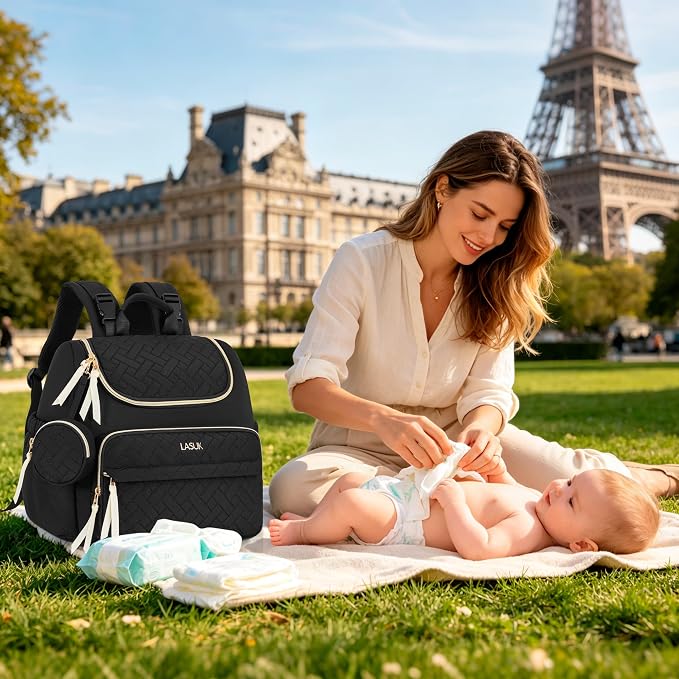 Diaper Bag Backpack, 22L Large Quilted Small Baby Bag with Changing Pad & Pacifier Case, Stroller Hooks, Easy-Access Baby Essential, Maternity Travel Backpack Unisex, Black