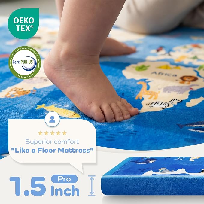 1.5" Thick Educational Baby Floor Play Mat 59x79, Flannel Padded Memory Foam Kids Mat, Non-Slip Plush Playmat for Nursery Playroom Classroom (World map)