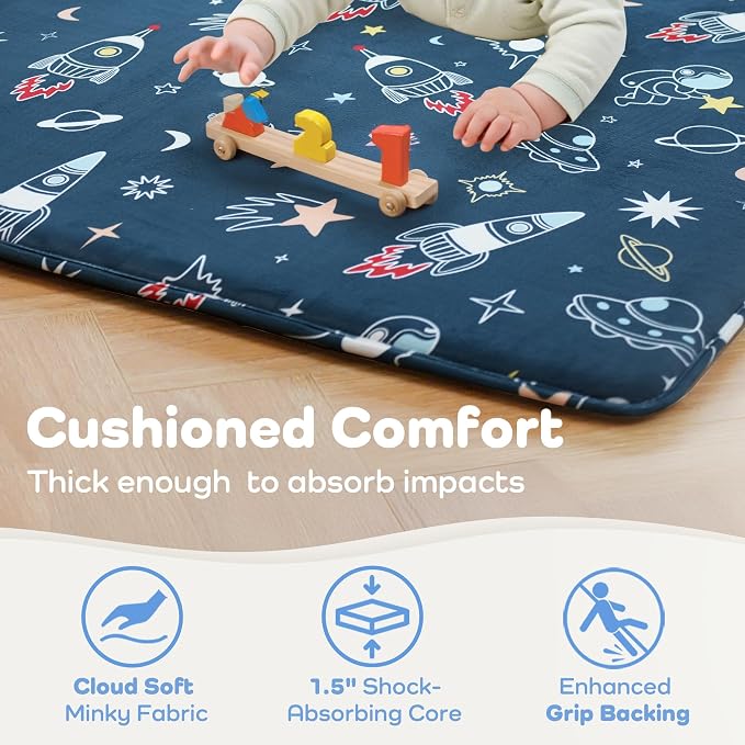 1.5" Thick Premium Baby Floor Play Mat, 71x79 Over-Sized Padded Memory Foam Mat, Tummy Time Crawling Playmat for Nursery Kids Playroom, Space Adventure
