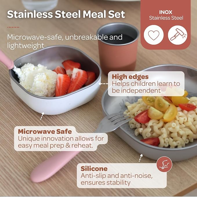 BEABA Stainless Steel Meal Set | Microwave and Oven Safe | Baby Plates Baby Bowls and Cup with Anti-Slip Silicone Cover | Kids Plates Non Toxic, Terracotta