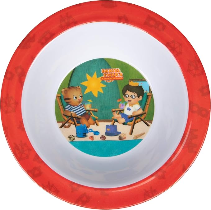 Daniel Tiger 5 Pc Mealtime Feeding Set for Kids and Toddlers - Includes Plate, Bowl, Cup, Fork and Spoon Utensil Flatware - Durable, Dishwasher Safe, BPA Free (Red)