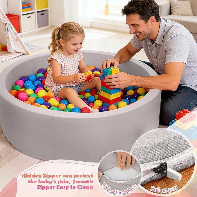 Foam Baby Ball Pit 35.4"x 11.8" for Toddlers, Soft Round Kiddie Playpen Ball Pool for Kids with Soft Memory Sponge for Babies Indoor Game(Balls not Included) Light Gray 35.4IN