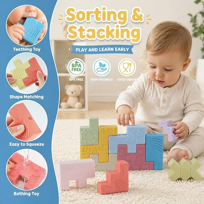 Baby Blocks – Montessori Baby Toys for 6-12 Months 10 Soft & Soft Teething Toy, Shapes, Colors, Animals - One Two Squeeze, Easter Basket Stuffers Toys for 1 2 Year Old Birthday Gifts