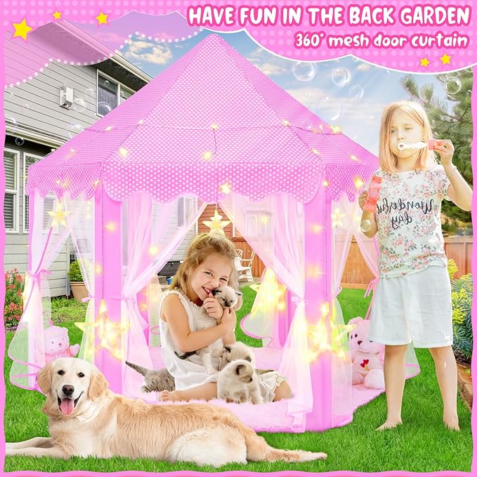 Pink Princess Tent for Girls, Kids Play Tent with LED Large Star Lights, Castle Playhouse Tent for Children Toddlers Indoor Outdoor Games, 55×53 Inches