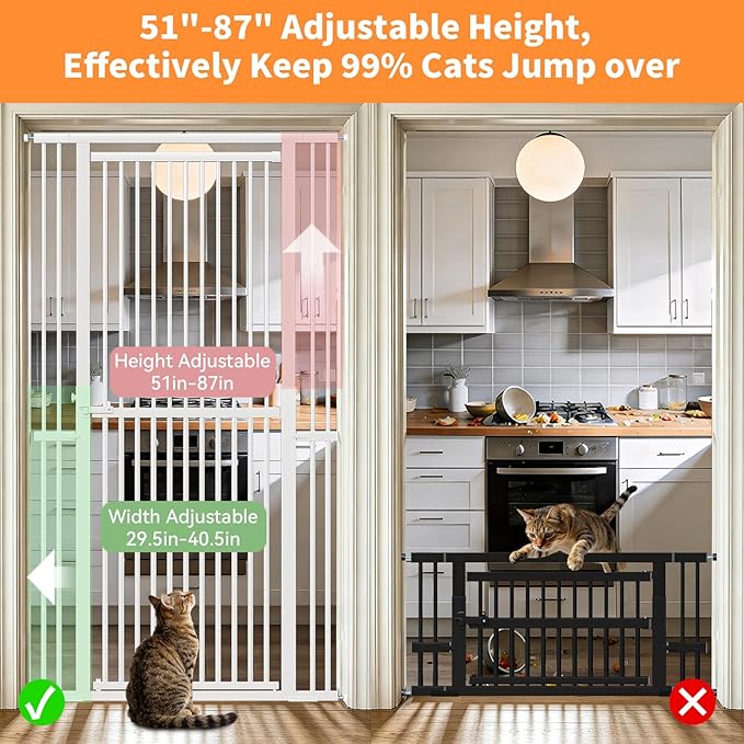 Snuowu 51"-87" Extra Tall Pet Gate for Cats, 29.5"-40.5" Wide Pressure Mounted No-Drilling Safety Dog Gate, Metal Walk-Thru Barrier for Doorways, Stairs, Kitchens, White