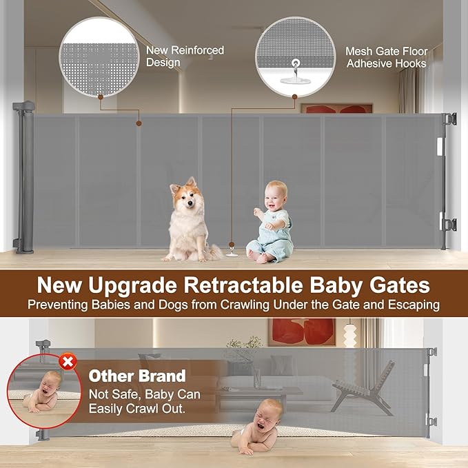 Miumoon 150 inch Retractable Baby Gates 34 inch Tall, Retractable Gate with Reinforced Strip Design to Prevent Crawling Through, 12 FT Extra Wide Retractable Dog Gate for Indoor/Outdoor