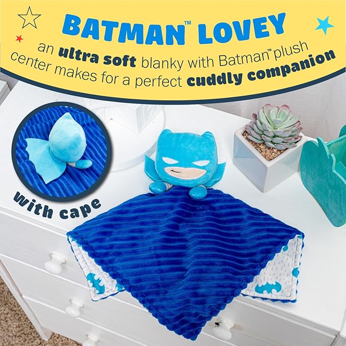 KIDS PREFERRED DC Comics The Batman Lovey Security Blanket, Soft Huggable Dark Knight Plush Lovey Toy for Baby and Infant Boys and Girls, Textured Blanket with Batman Logo