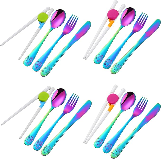 Stainless Steel Kids Silverware with Training Chopsticks, 12 Pieces Rainbow Toddler Utensils for 4-12 Years Old, Food Grade Metal Kids Utensils Set, Children Safe Flatware, Dishwasher Safe, Poylim