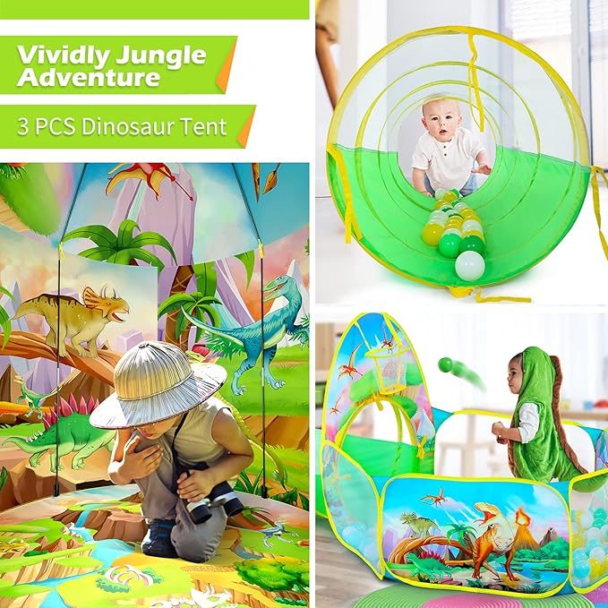 GeerWest 3PC Dinosaur Tent for Girls with Kids Ball Pit, Kids Play Tents and Crawl Tunnel for Toddlers, Pink Pop Up Playhouse Toys for Baby Indoor& Outdoor Tent Games, Birthday Kid?™s Gifts