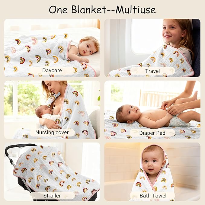 ZPECC Muslin Baby Blanket Thicker, 30x40 Organic Cotton Newborn Receiving Quilt Hypoallergenic for Baby Essentials Swaddle Crib Stroller, Rainbow