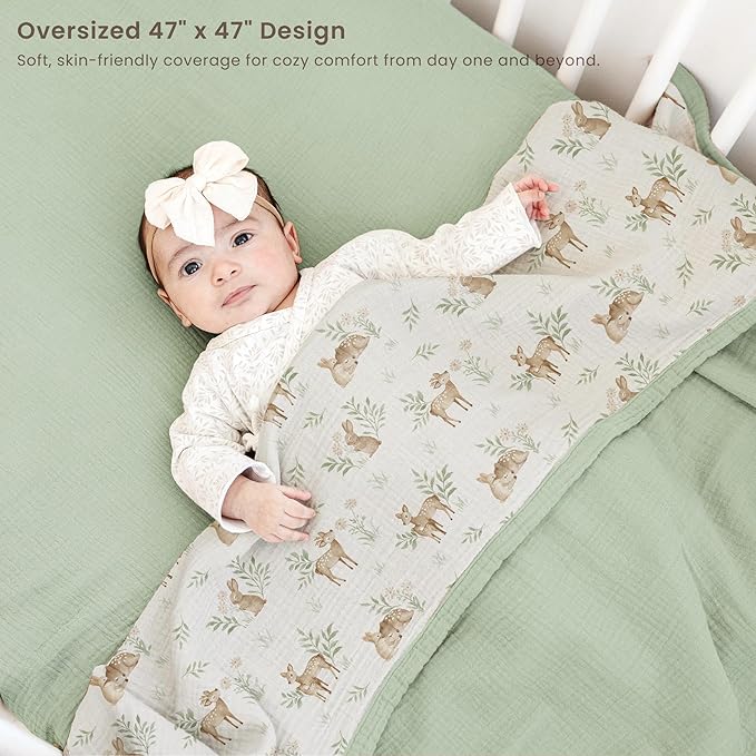 Konssy Muslin Baby Blankets for Girls Boys 47"x47", 100% Cotton Crib Blanket for Infant Toddler, Super Soft and Lightweight Nursery Swaddling Wrap (Woodland)
