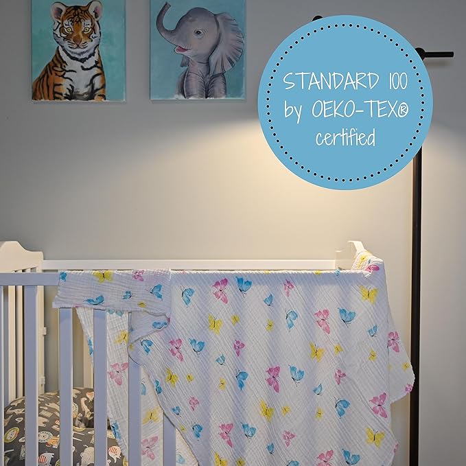 LollyBanks Baby Blankets, 100% Muslin Cotton Swaddle Blanket for Girls, Soft and Large 47 x 47 Inches Newborn Swaddle, Breathable Baby Receiving Blankets, Registry (Butterfly Print)