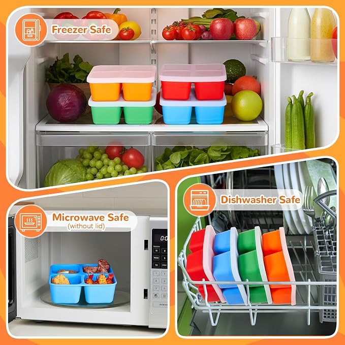 Roshtia 4 Pack Silicone Food Containers with Lids, Reusable Thickened Bento Lunch Box Packs for Meal Prep Food Storage, Microwave Dishwasher Safe(4 Compartment,Bright)