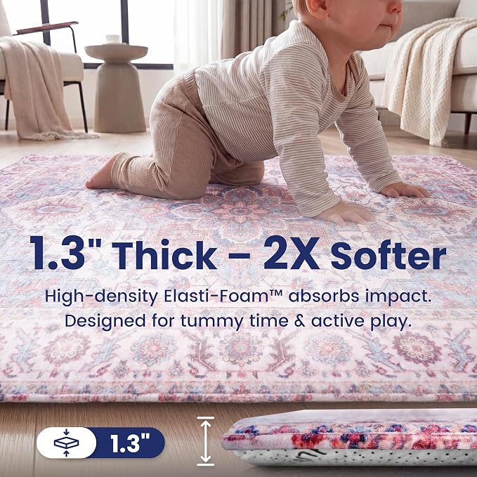 Huloo Sleep Baby Play Mat for Floor - 79x118 Inches 1.3" Thick Elasti-Foam Playpen Mat for Toddlers Infant Kids, Water-Repellent Nursery Rug, Non-Slip Backing for Crawling & Tummy Time, Boho Blue