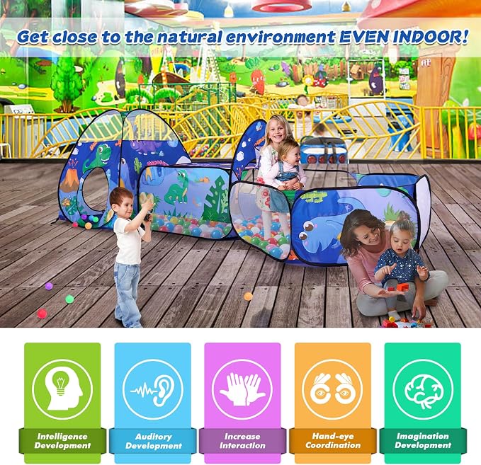3PC Dinosaur Kids Play Tent with Ball Pit, Crawl Tunnel, Toddlers Playhouse Castle Toys, Baby Boys Girls Gift for 3 4 5 6 7 Years Old, Outdoor Indoor, Lightweight (Balls Not Included)