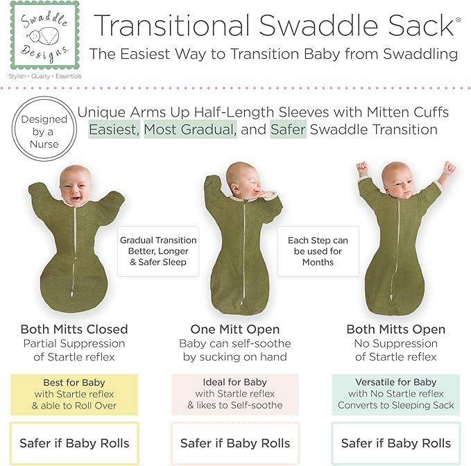 SwaddleDesigns Transitional Swaddle Sack, Arms Up Half-Length Sleeve Mitten Cuff, Most Gradual Transition Swaddle for Newborn
