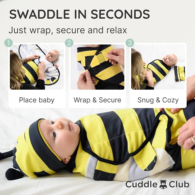 Cuddle Club Swaddles for Newborns - Baby Swaddle Blanket for Boys & Girls - Adjustable Hook-and-Loop Cotton Wrap for Newborn 0-3 & 3-6 Months with hat