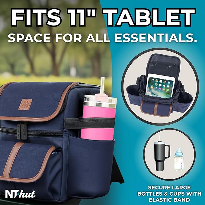 Baby Stroller Organizer Caddy with 2 Cup Holders ??NT·hut CarryZee Universal Stroller Bag, Bottle Straps, Magnetic & Zippered Pockets, Fits 11" Tablet, Water Resistant 600D Oxford (Blue)