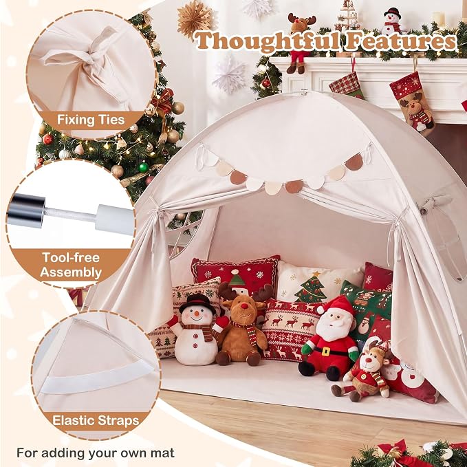 Costzon Toddler Bed Tent, Twin Size Indoor Canopy Tent for Kids w/ 2 Windows, Flag Banner, Brushed Fabric Privacy Playhouse, Portable Play Tent for Bunk Bed, Playroom, Suits 3+ Boys & Girls (Beige)
