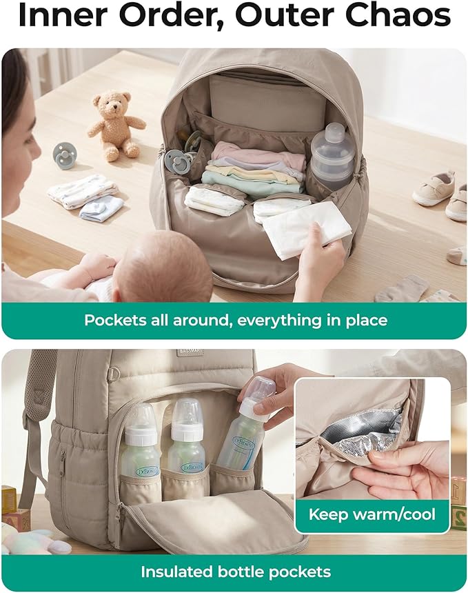 BAGSMART Diaper Bag Backpack, Multi-Pocket Puffy Diaper Bag with Waterproof Changing Pad, Lightweight Stroller-Friendly Diaper Bag with Insulated Pockets, Easy-Access Baby Essential, Camel