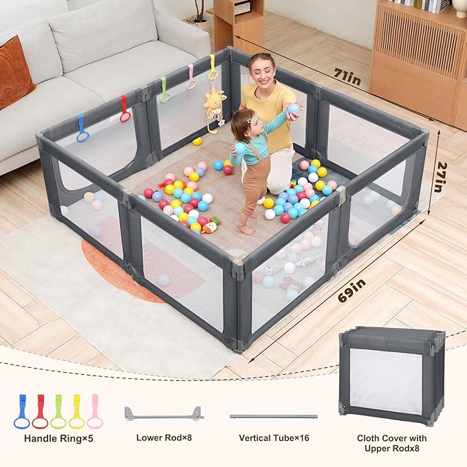 Dripex Portable Folding Playpen, 71"×69" Extra Large Baby Playpen, Indoor/Outdoor Safety Gate ??Collapsible Play Pen with Dual Gates & Breathable Mesh, Grey