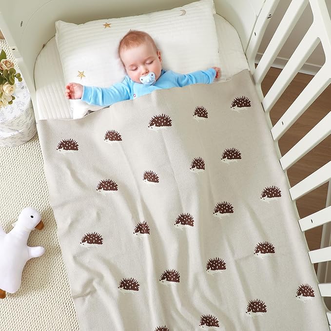 Opewod Baby Blanket 100% Cotton Baby Swaddle Blanket Knit Soft Cozy Lightweight Unisex Receiving Stroller Quilt Blanket with Cute Hedgehog 30x40 Inch Light Grey