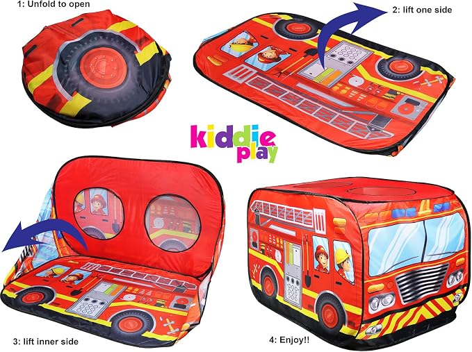 Kiddie Play Fire Truck Pop Up Play Tent for Kids Boys & Girls Indoor Outdoor Playhouse Toy