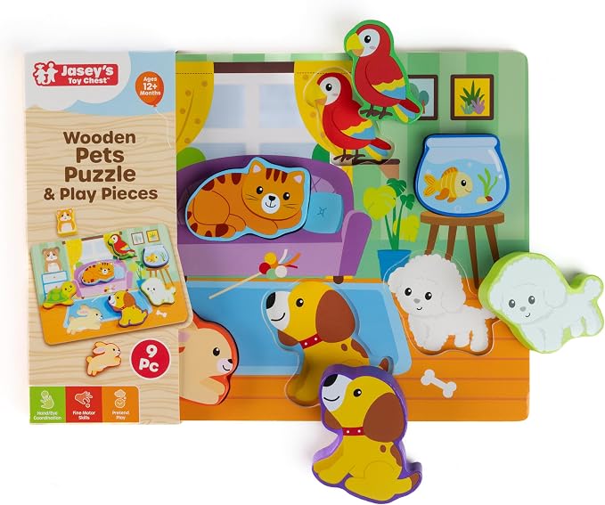 Jasey's Toy Chest Wooden Pets Puzzle & Play Set | 9-Piece Chunky Animal Puzzle with Board | Educational Toy for Toddlers Ages 12+ Months