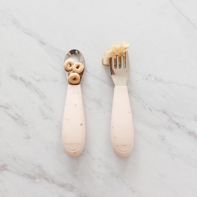 Yeah Baby Goods Silicone Toddler Fork & Spoon (Blush Speckle) - Easy Grip, Stainless Steel Kids Cutlery Set - Dishwasher Safe, Food Grade Silverware for Babies - Self-Feeding Toddler Utensils Set