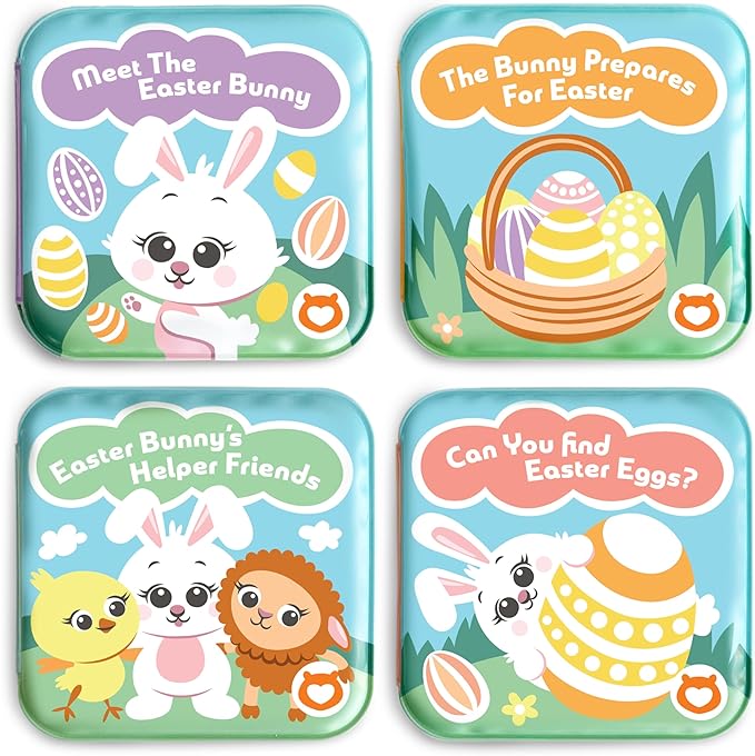Bath Book Set for Babies & Toddlers ??4 Colorful, Soft, and Waterproof Bath Books with Bunny & Animal Friends ??Fun Bath Toys & Basket Stuffers ??Perfect for Easter & Baby Showers