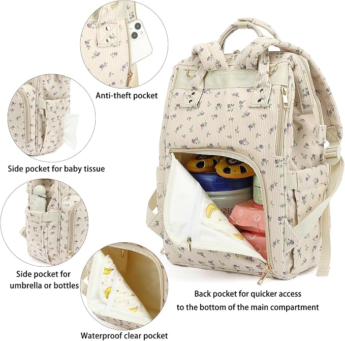 Corduroy Diaper Bag Backpack for Baby Girls Boys, Women Large Nappy Bags for Mom (Beige Corduroy Floral Purple)