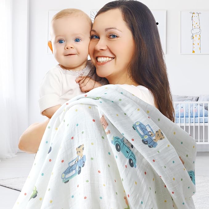 2-Pack Muslin Swaddle Blankets 47x47-100% Cotton Breathable Receiving Blankets for Newborn Baby, Soft Swaddling Wraps, Polka Dot Cruisers