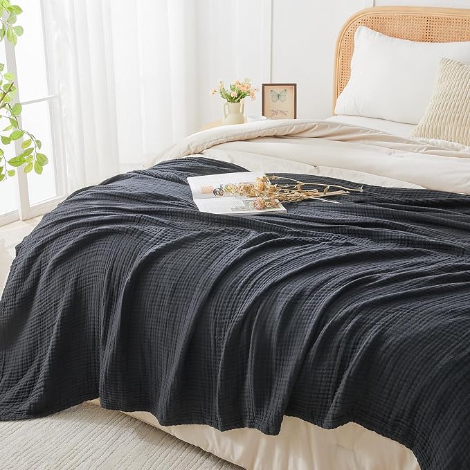 EMME Cotton Muslin Queen Blanket Bed Layering Breathable Gauze Blanket Soft Lightweight Blankets Adults (Black, 90"x90")