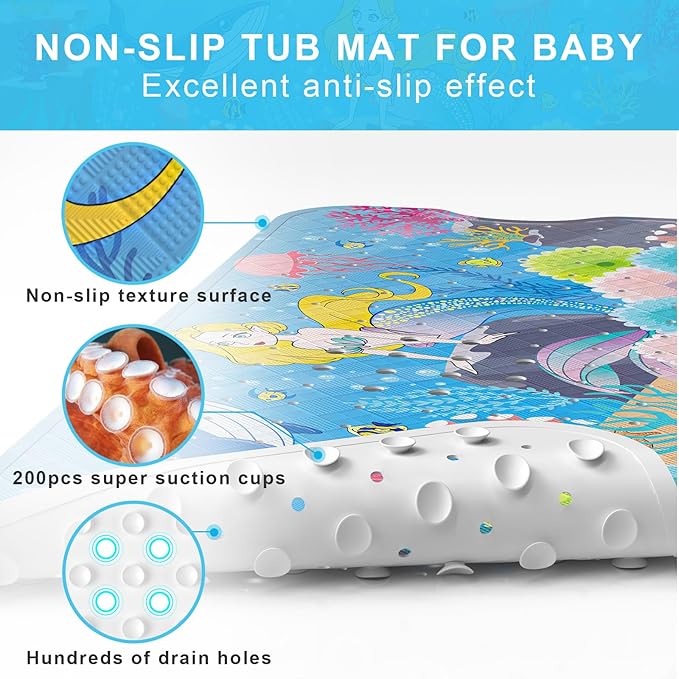 Upgrade Cartoon Baby Bath Mat Non Slip - 40"x16" Extra Long Bathtub Mat for Baby Eco Friendly Durable Bath Mat for Tub Non Slip Kids Tub Mat with Suction Cups, Machine Washable and No Fading, Mermaid