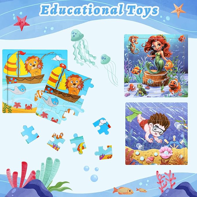 SANNIX 12 Pack Wooden Jigsaw Puzzles with 12 Organize Bags, Ocean and Space Toddlers Puzzles for Kids Ages 3 4 5, Party Favors Educational Learning Travel Toys for Boys Girls