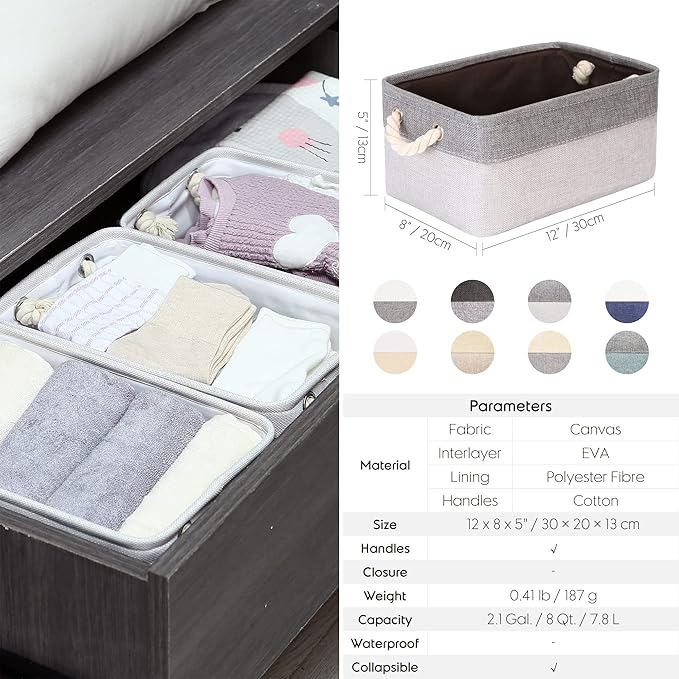Sea Team 3-Pack Small Storage Basket Set, Storage Cube Organizer, Storage Bins, 12 x 8 x 5 Inches, Rectangle Canvas Fabric Collapsible Shelf Box with Handles for Kids Room (Beige/White)