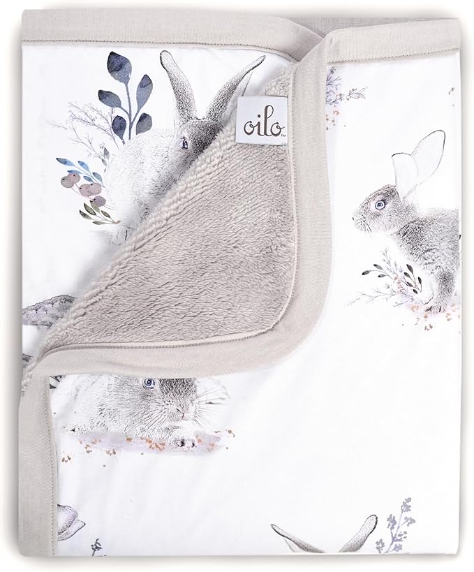 Oilo Baby Blanket, Luxury Soft Plush Chenille Backing & Organic Cotton Jersey Print, Double Layered, 30" x 40", Rolled Jersey Edge Trim, Machine Wash, Perfect for Infant or Toddlers, Cottontail Bunny