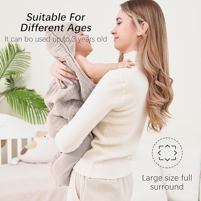 SWEET DOLPHIN Muslin Hooded Baby Bath Towels - 2 Pack 100% Cotton Towel for Babies, Infants, Toddlers - 32x32Inch - Highly Absorbent and Newborn Essential, Light Bean Paste