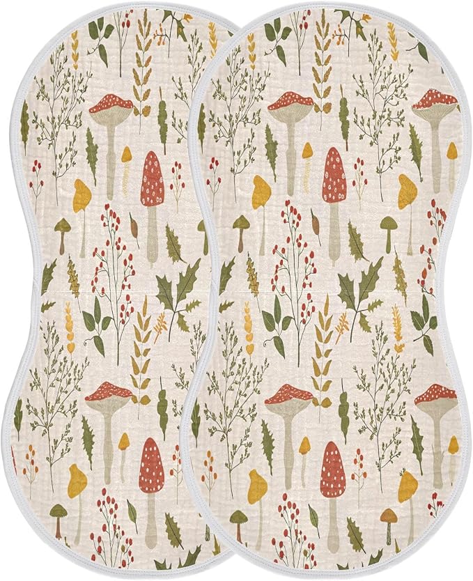 Kigai Baby Burp Cloths 2 Pack, Extra Soft & Absorbent 4-Layer Muslin Cotton Burping Cloths for Newborn Boys Girls, Large 11x22 Inch Curved Shoulder Burp Rags, Cute Mushroom Nursery Design